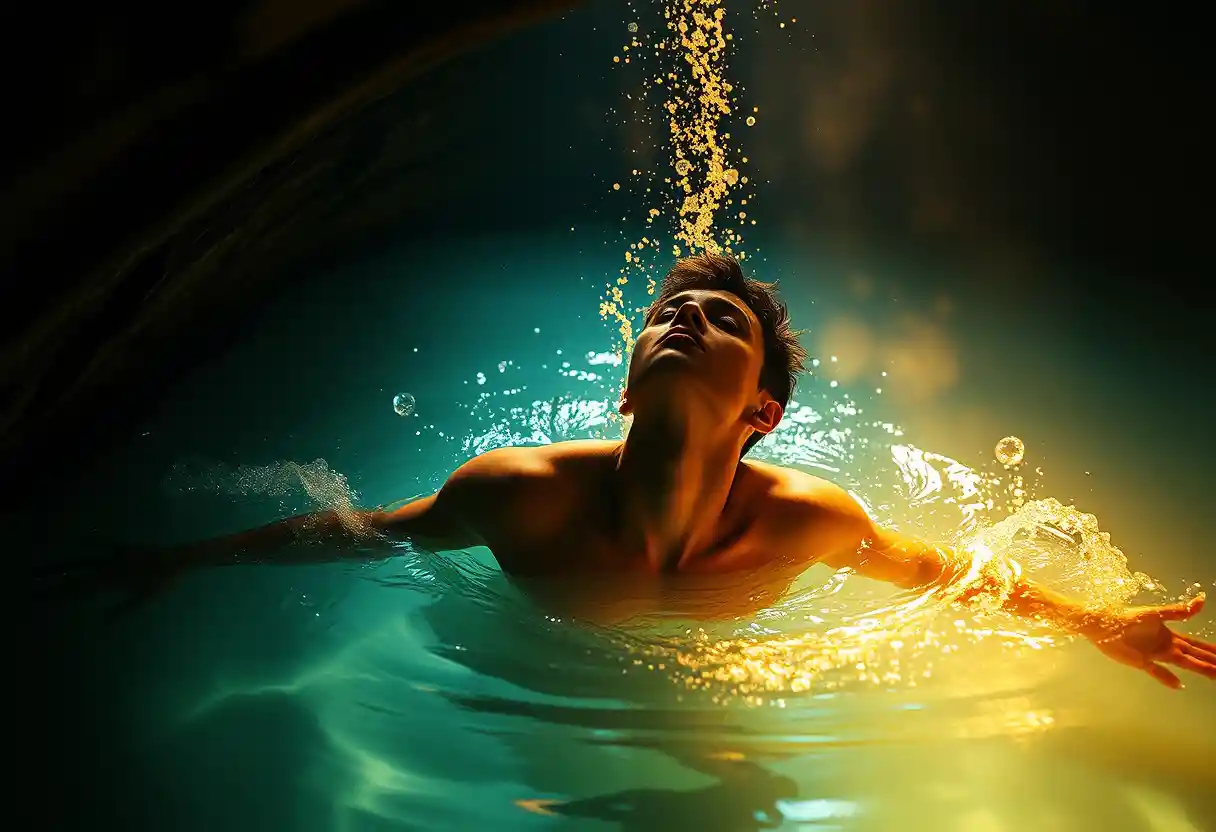 Person sinking into a glowing mystical spring in cave