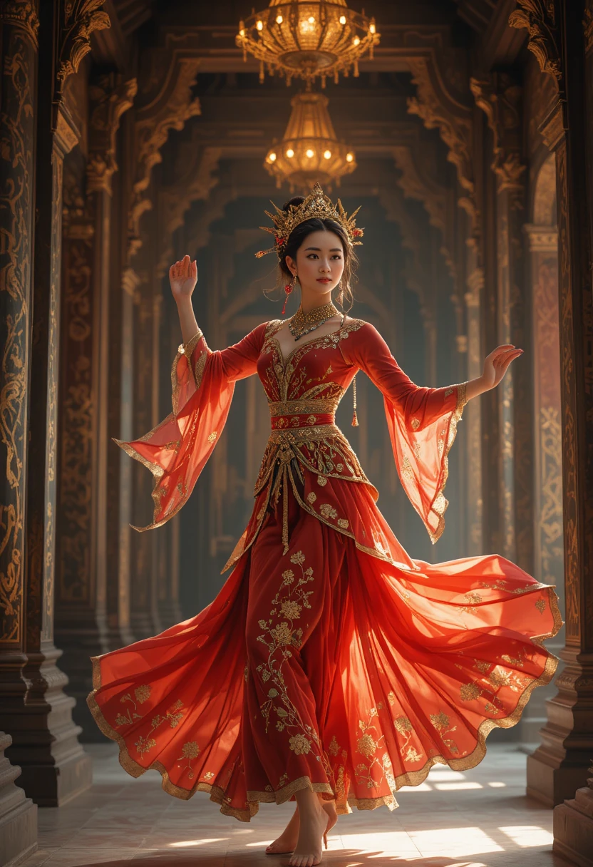 Traditional Cambodian dancer posing in soft temple lighting