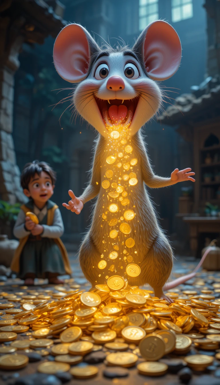 Magical 3D mouse pouring gold coins before a shocked man