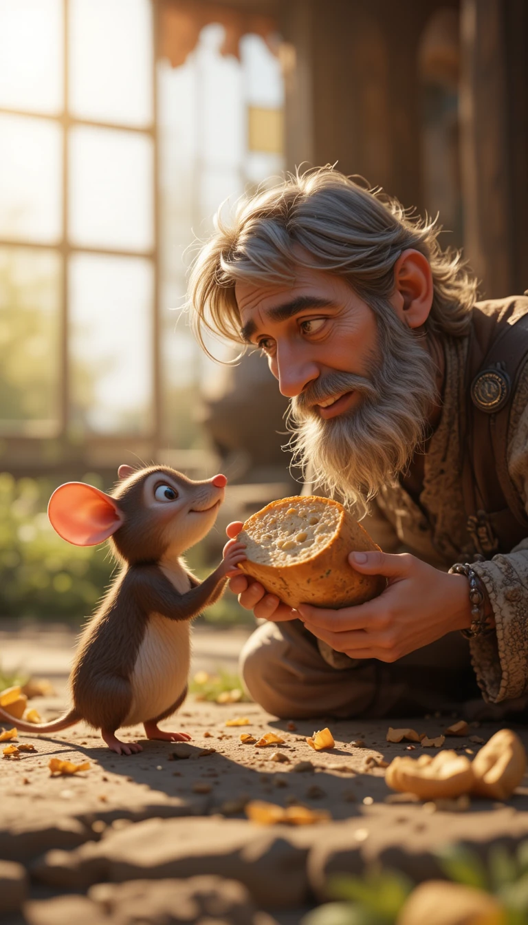 Poor man sharing bread with a tiny mouse in sunlight