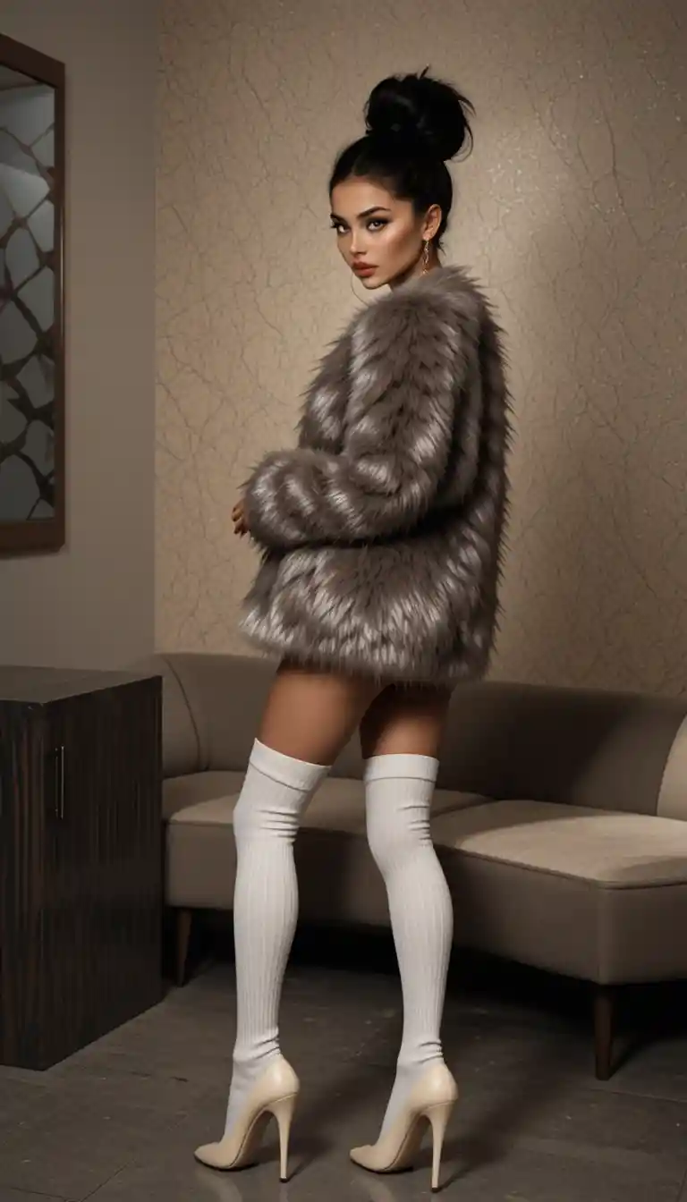 Seductive woman in faux fur and thigh high socks posing indoors