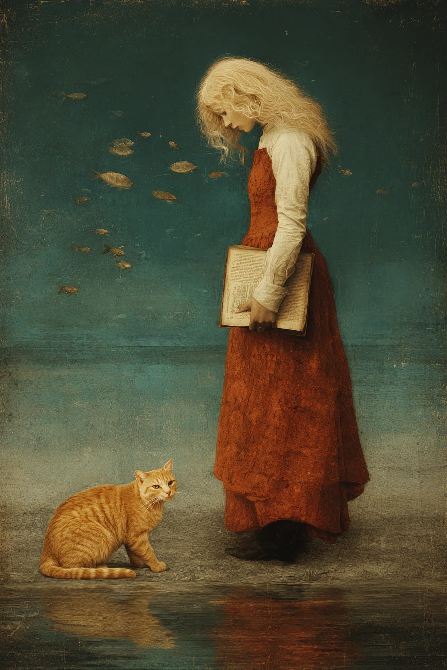 Gata rubia fantástica y alta en una costa surrealista