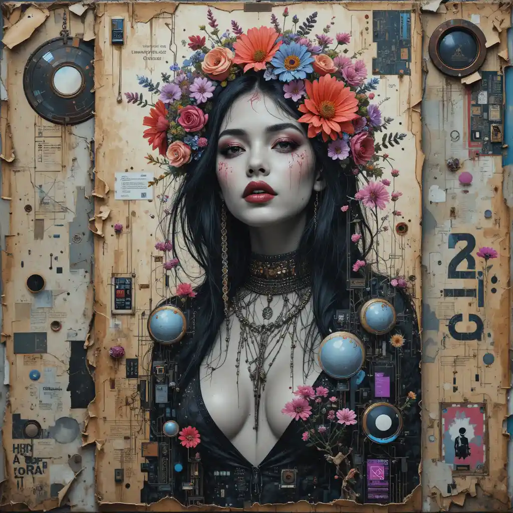 Surreal street poster of a woman with flowers and circuits