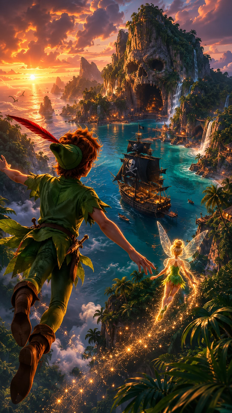 Boy and fairy soaring above a tropical fantasy bay