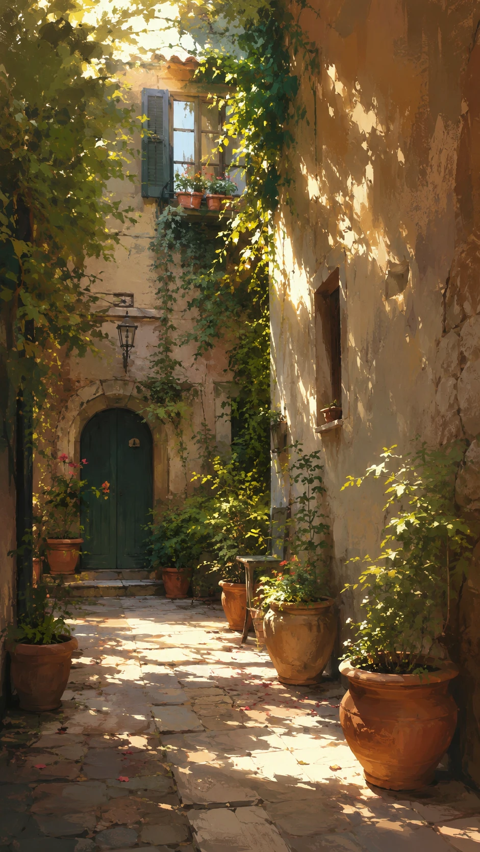 Quiet stone courtyard with terracotta pots and dappled sunlight