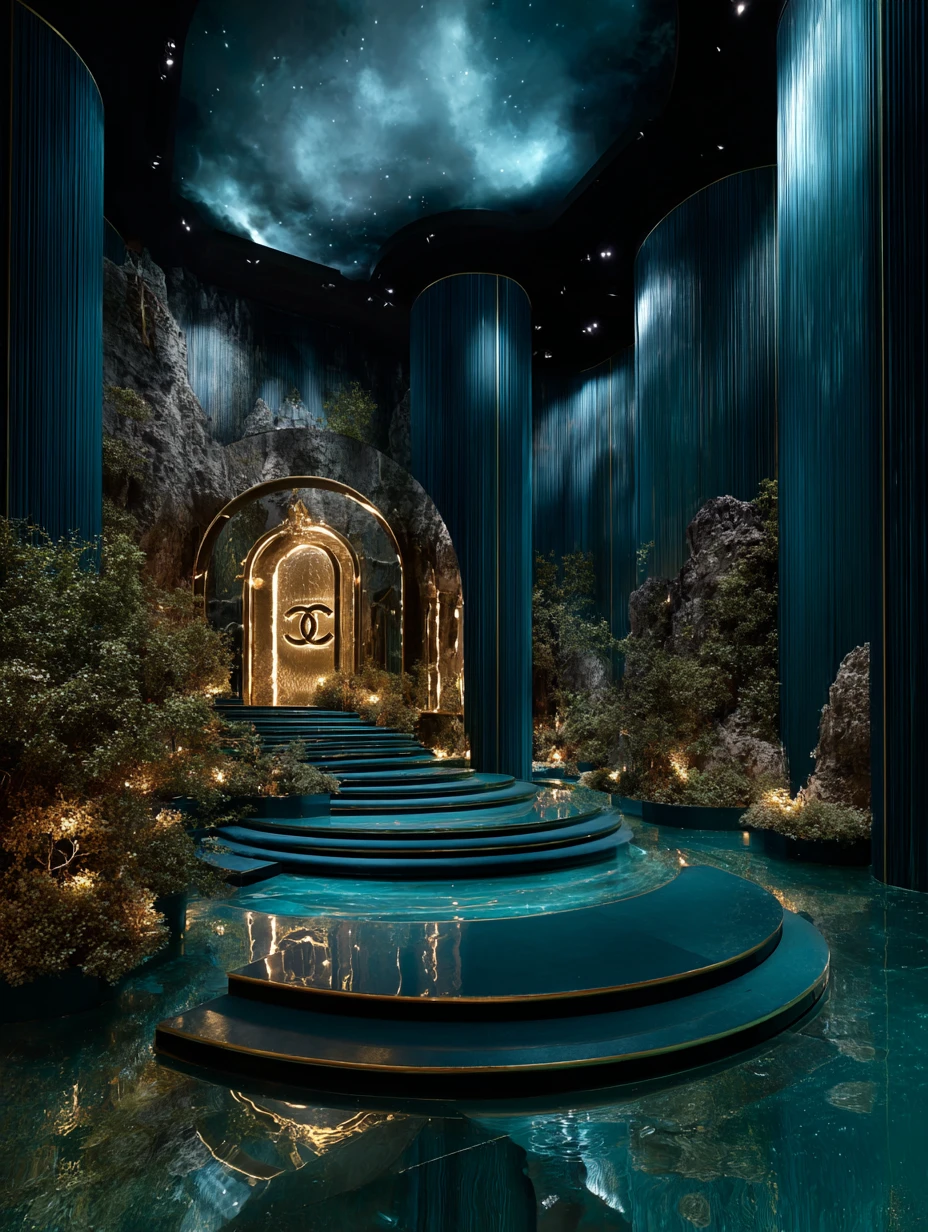 Surreal luxury chanel interior with iconic brand logo displays