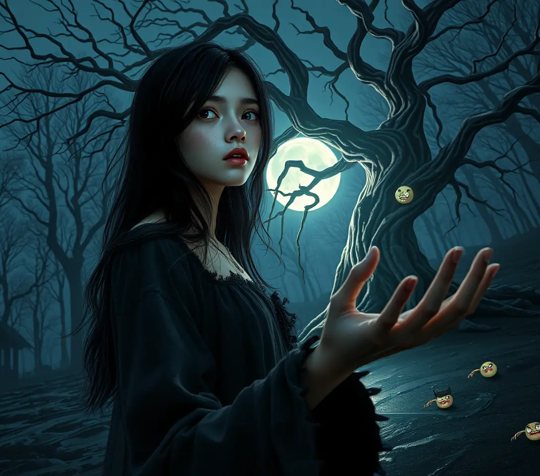 Young woman reaching toward glowing tree in moonlit forest