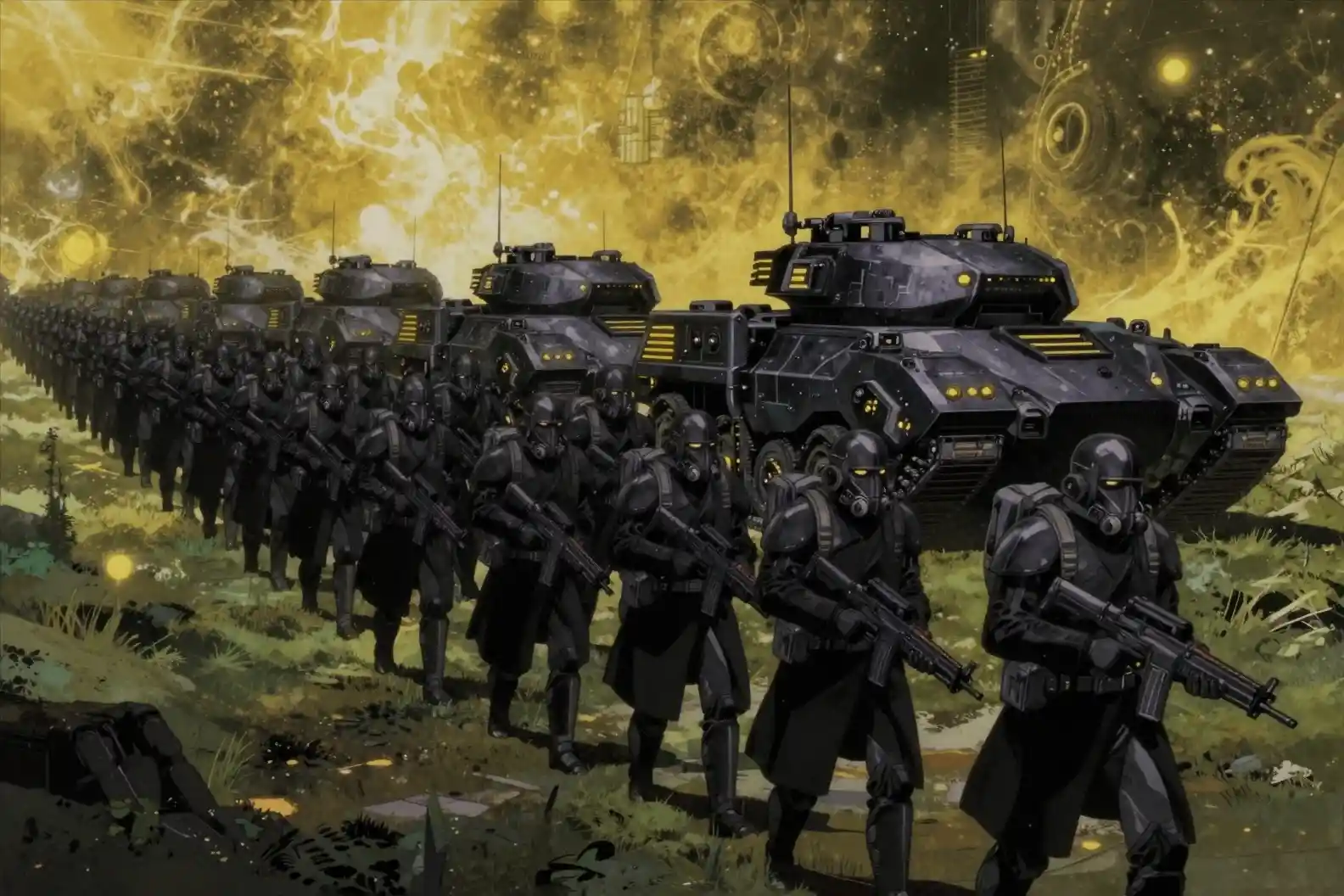 Esercito futuristico di soldati corazzati in marcia attraverso una foresta aliena