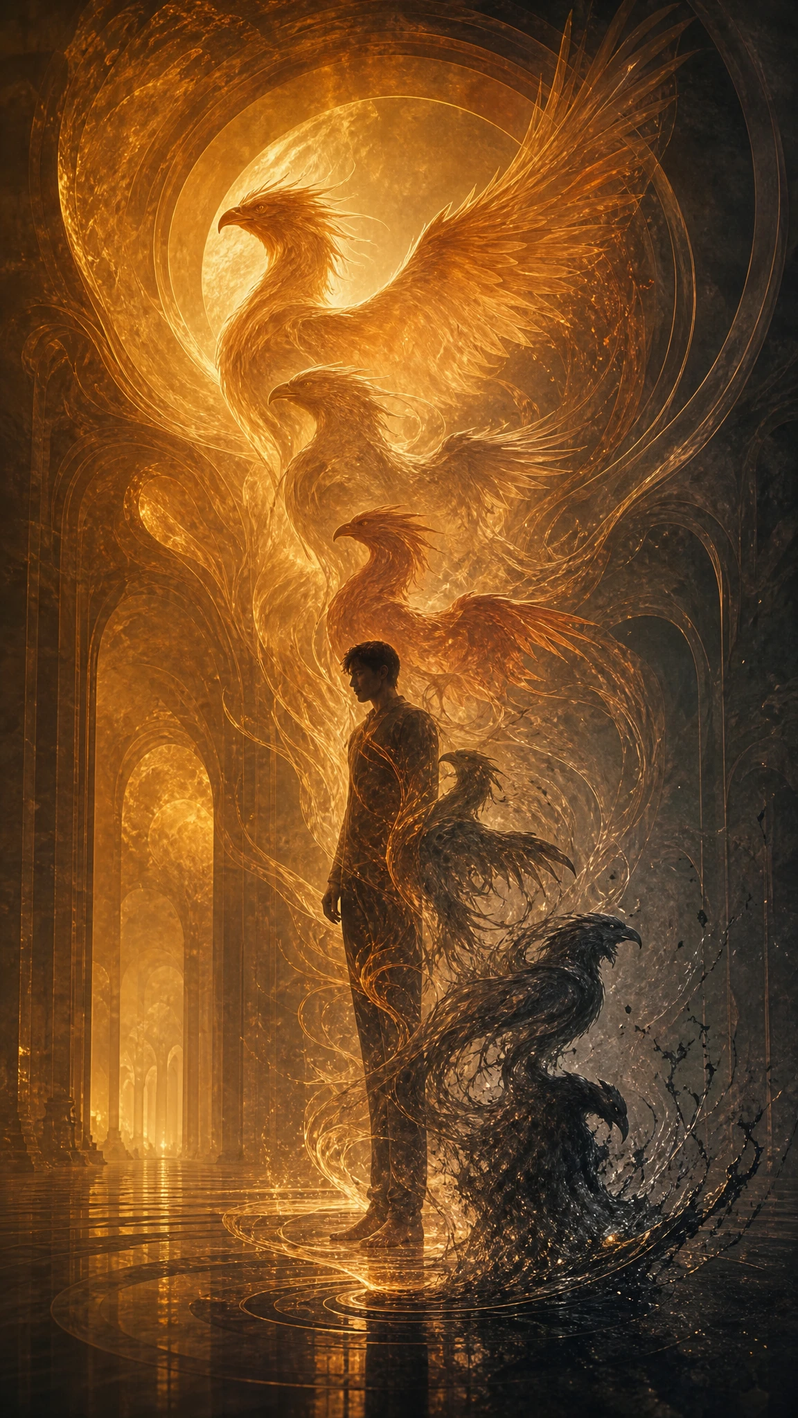 Human figure within layered phoenix transformation silhouettes