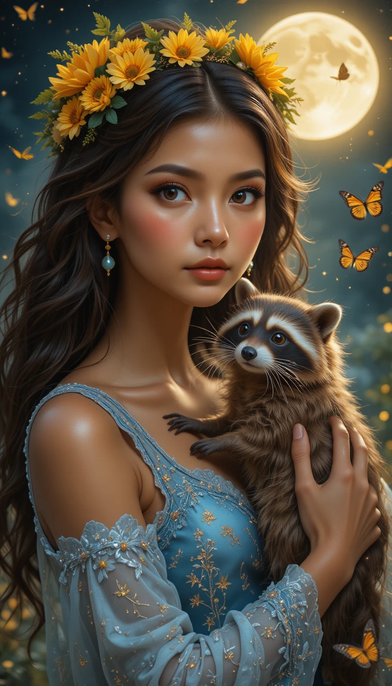 Moonlit girl holding raccoon with butterflies around
