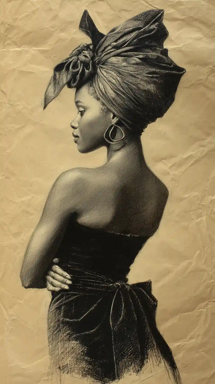 Charcoal bust portrait of a young woman in headscarf