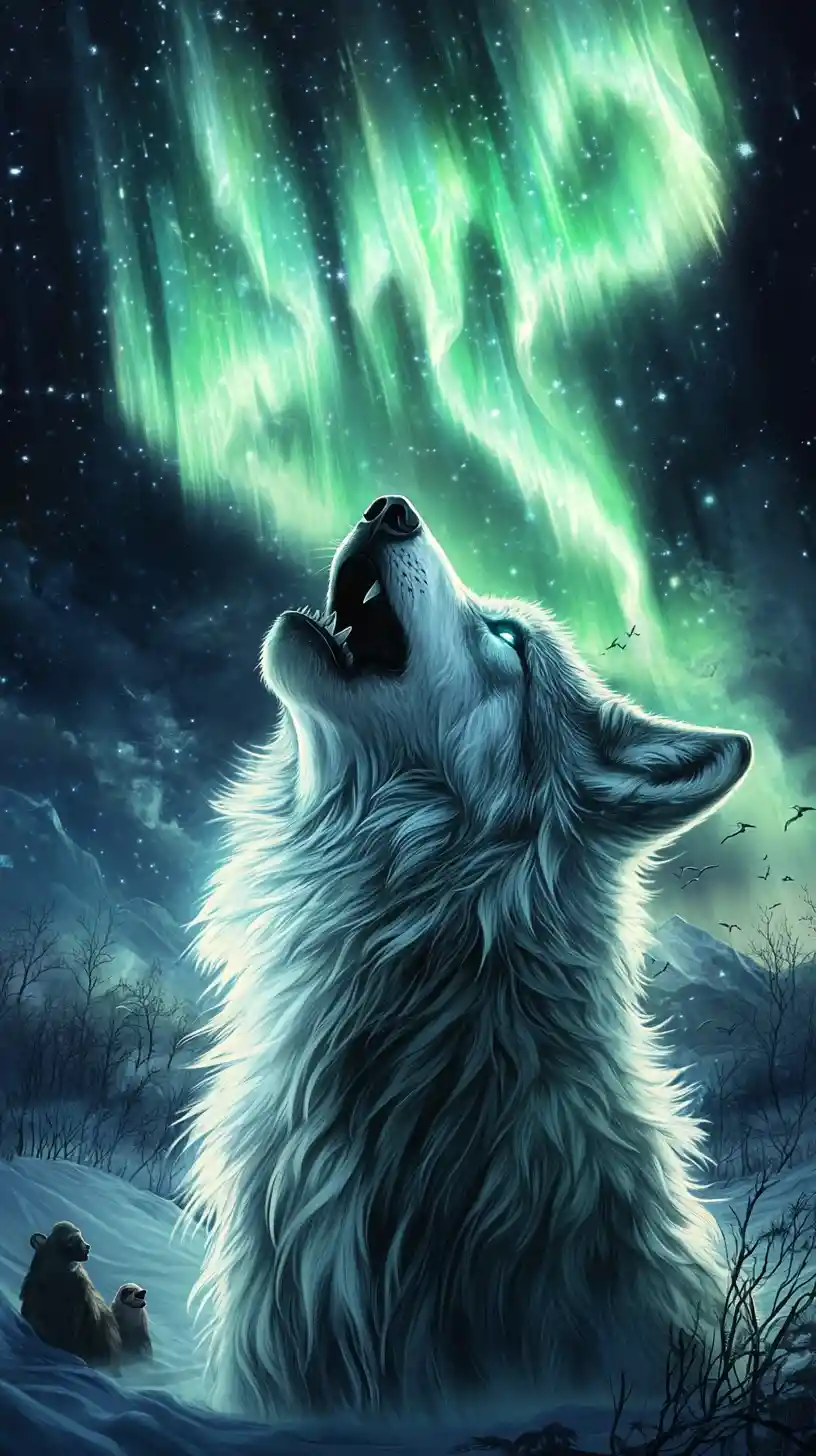 Majestic wolf howling under shimmering aurora night sky