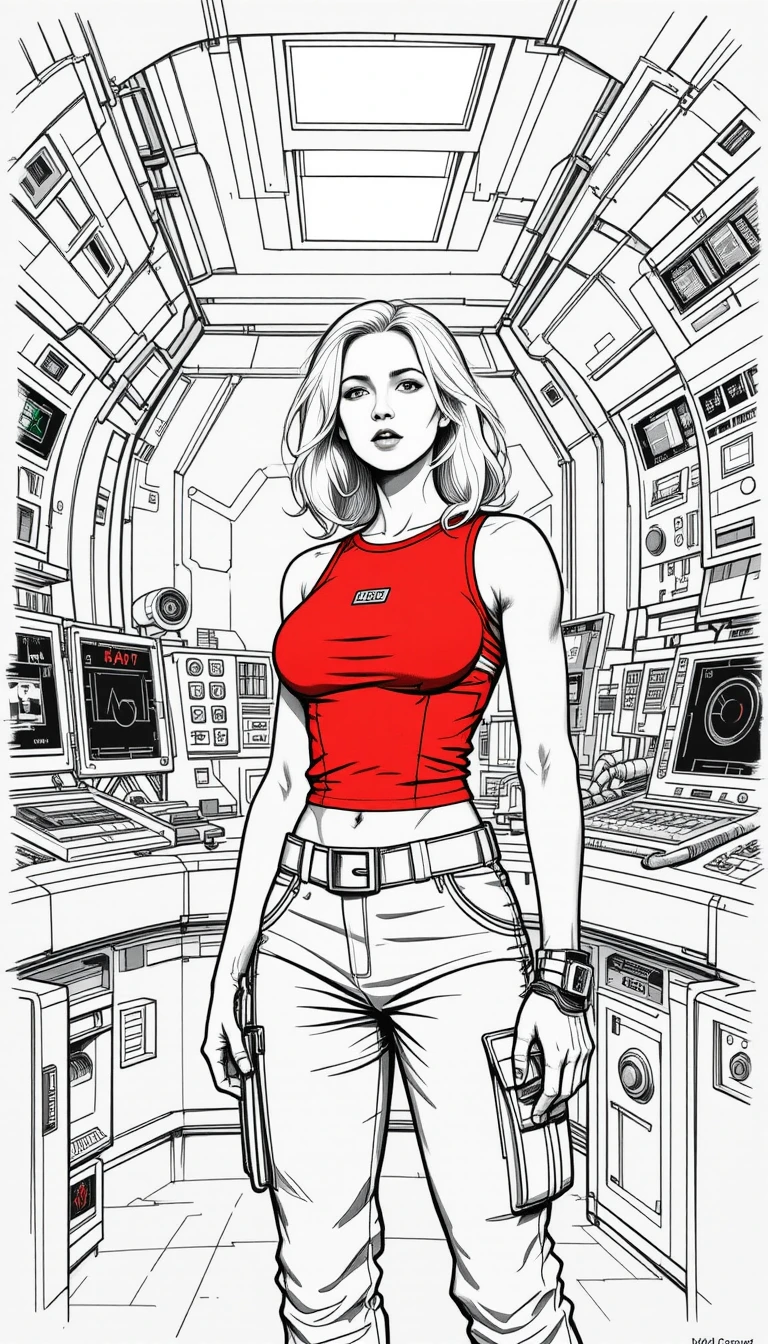 Tough blonde space heroine in a bright control room
