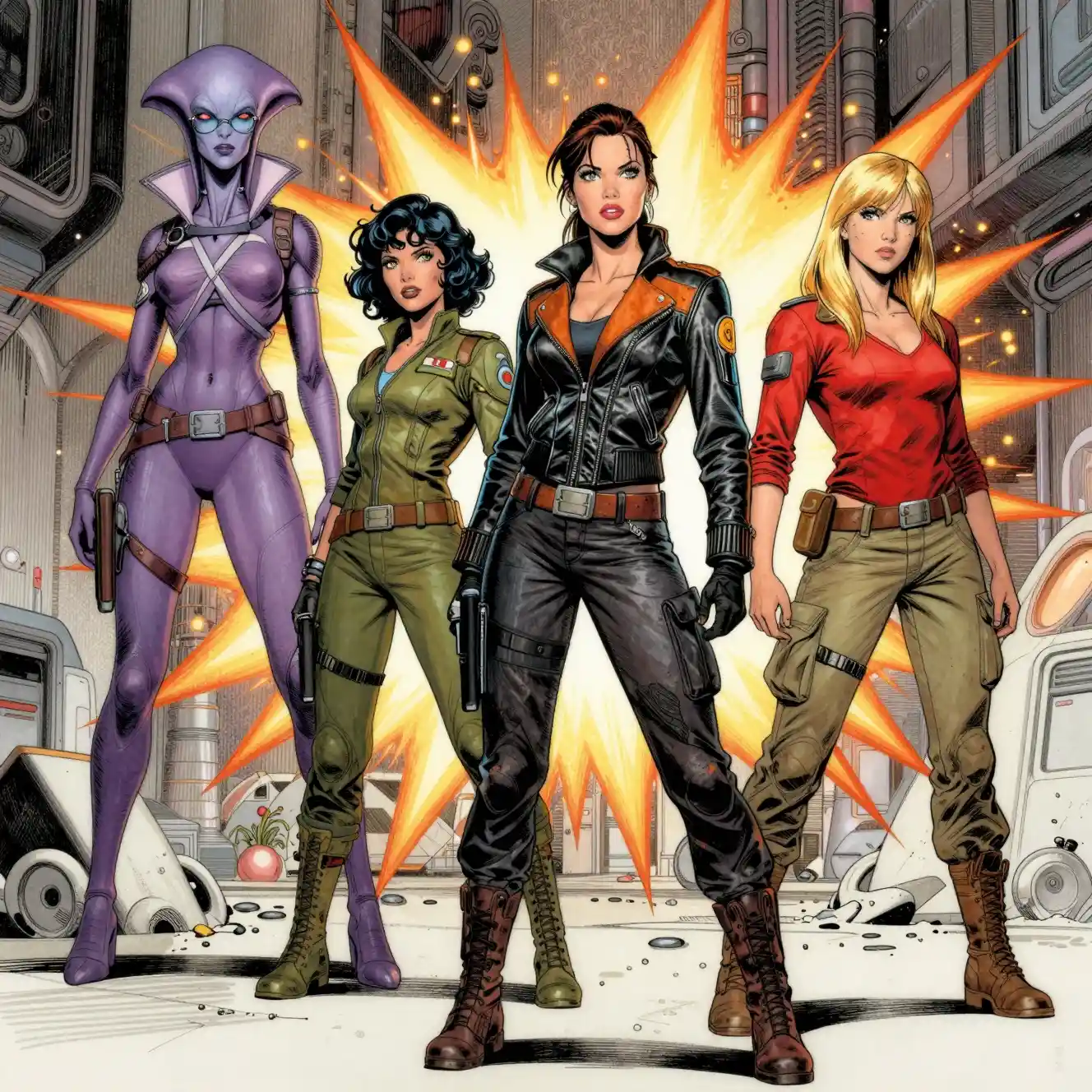 Four futuristic heroines charging through a space opera battle