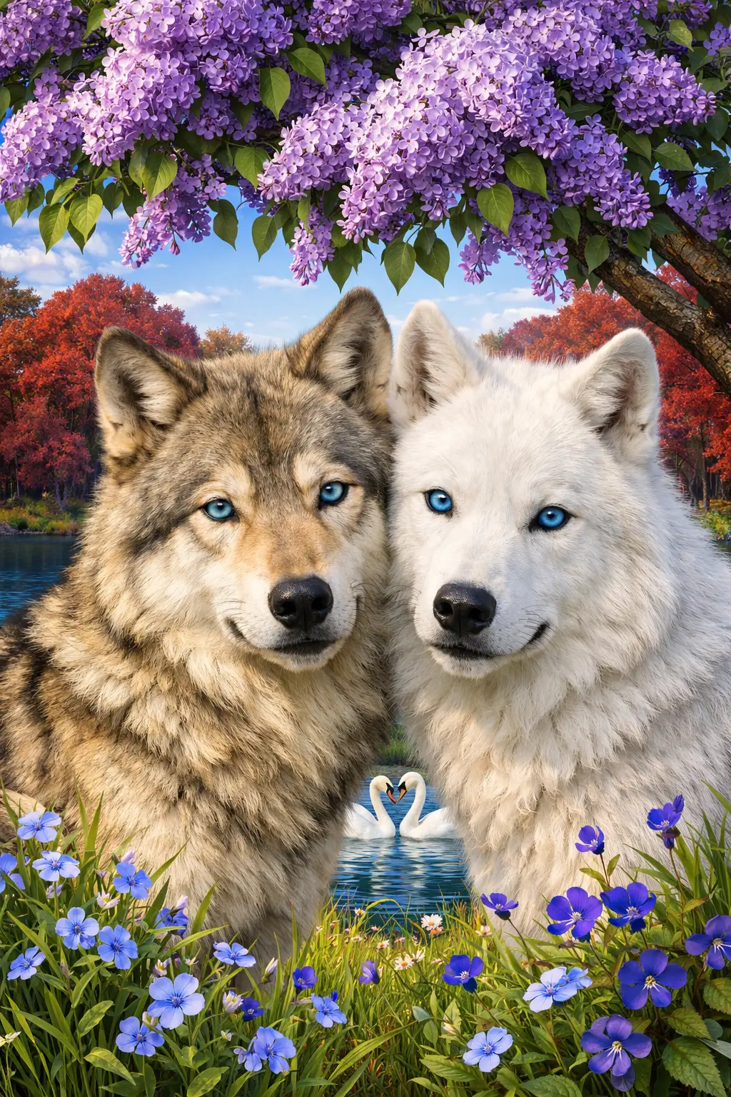 Deux loups joue contre joue sous un lilas en fleurs