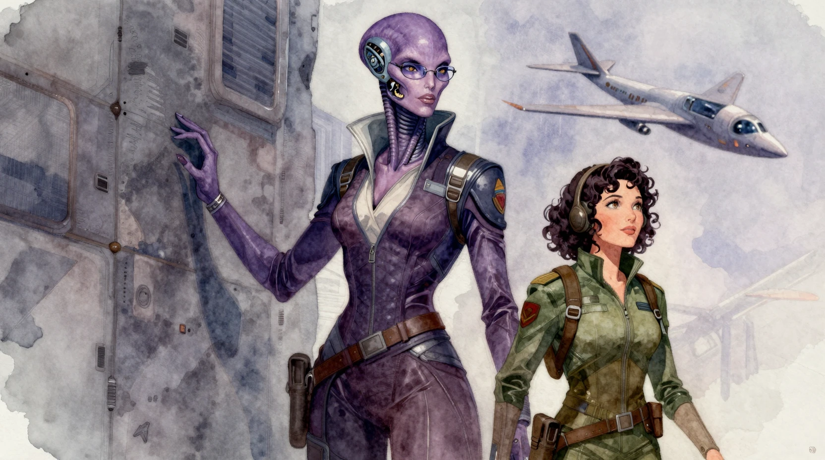 Tall violet skinned alien woman in stylish sci fi outfit