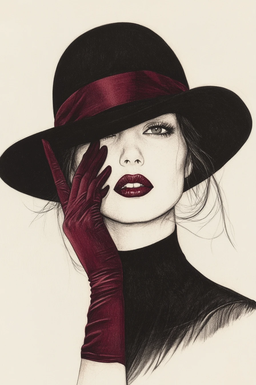 Woman in bowler hat with red glove covering one eye
