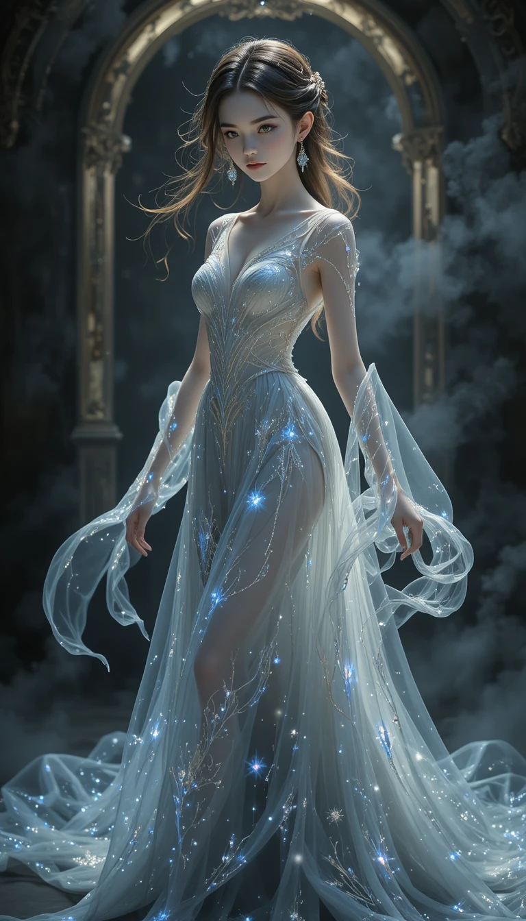 Ethereal ghost girl in flowing pale spectral robes