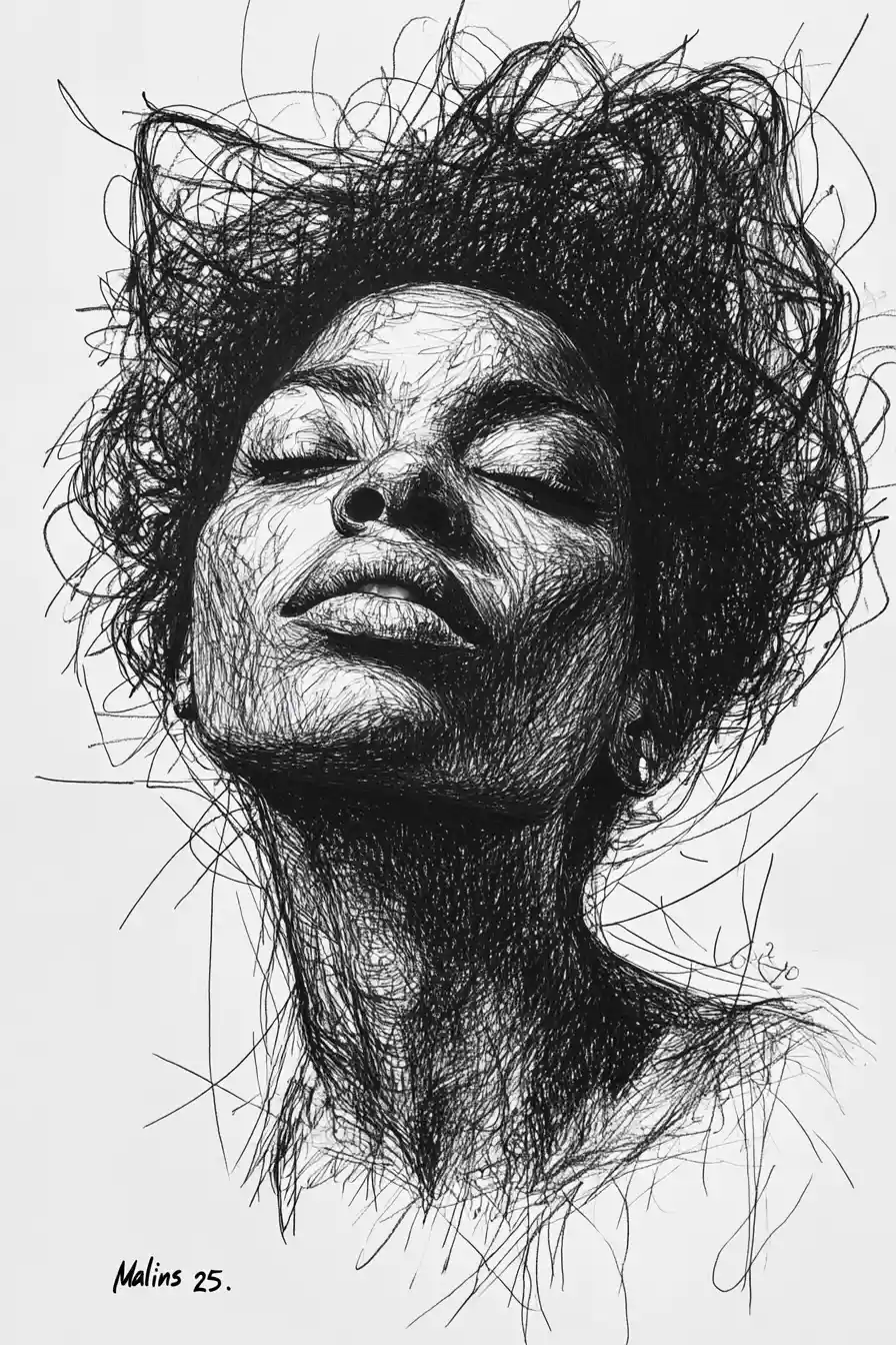 Textured graphite portrait of a black woman with afro bun