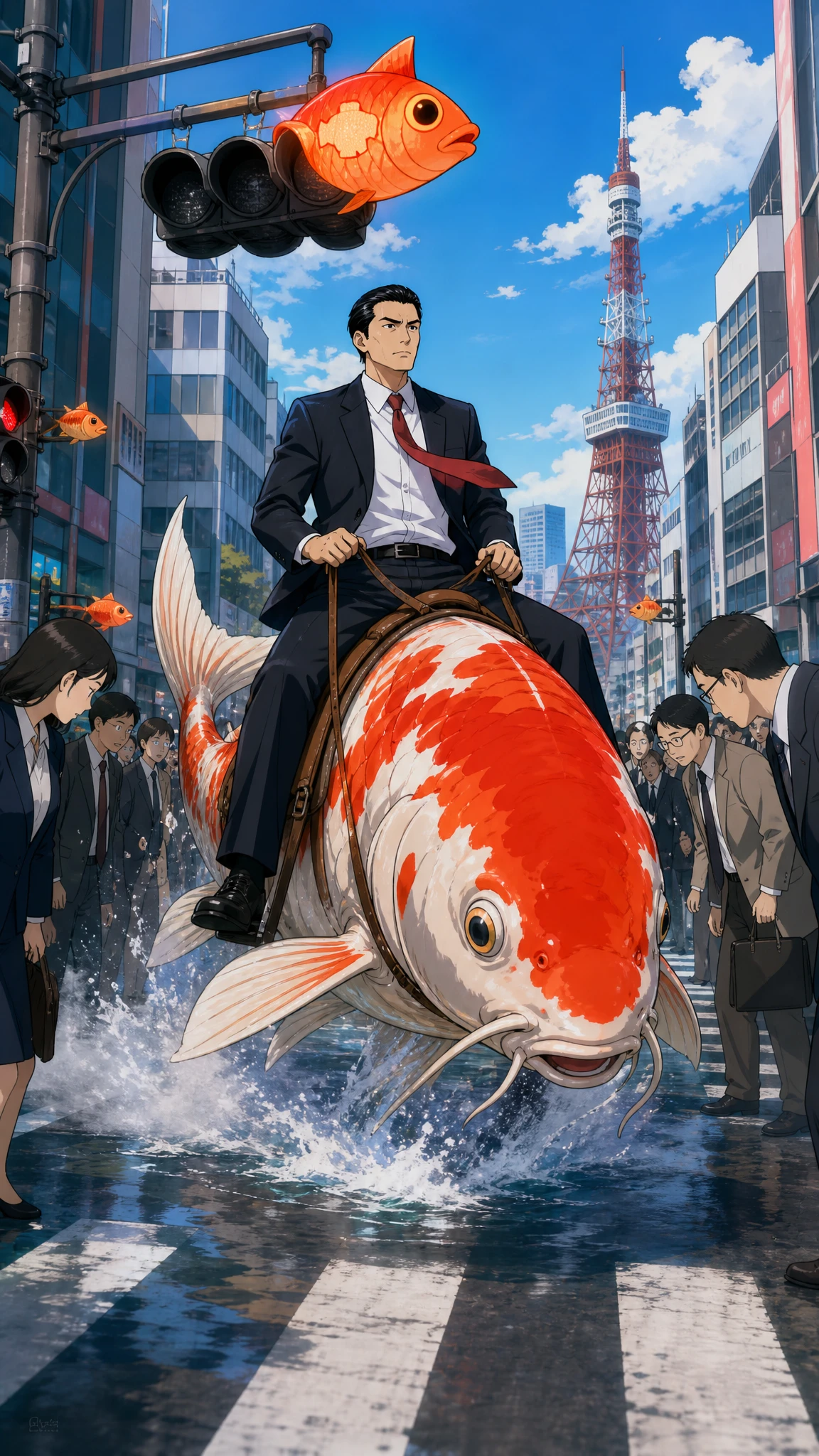 Empresario montando una carpa gigante por una calle concurrida de Tokio