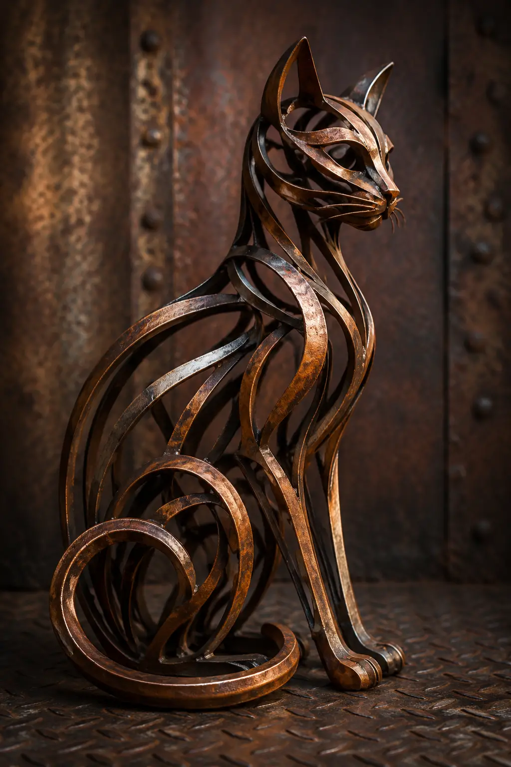 Elegant metal cat sculpture against textured industrial wall