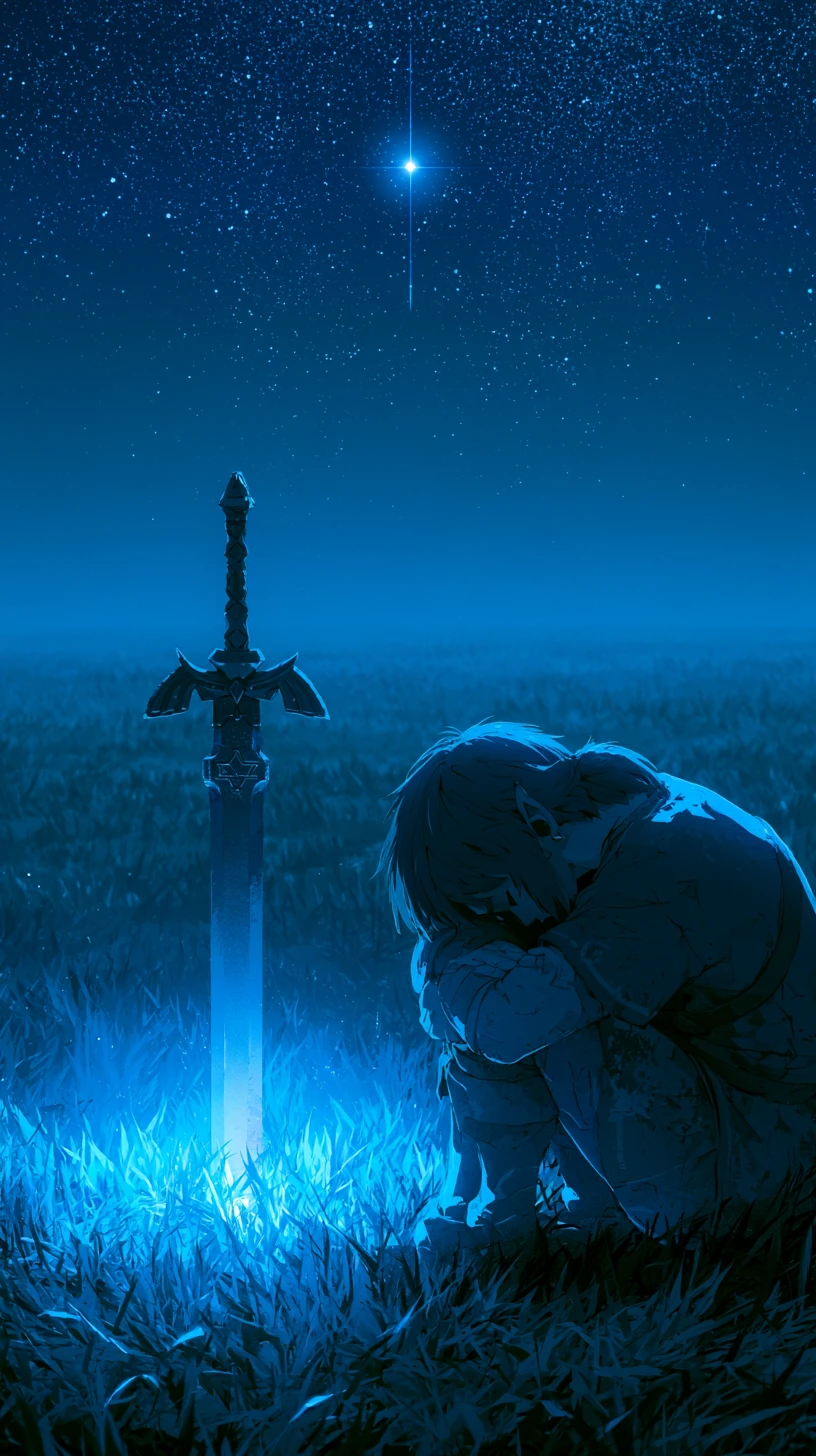 Héroe arrodillado junto a una espada brillante bajo la noche estrellada