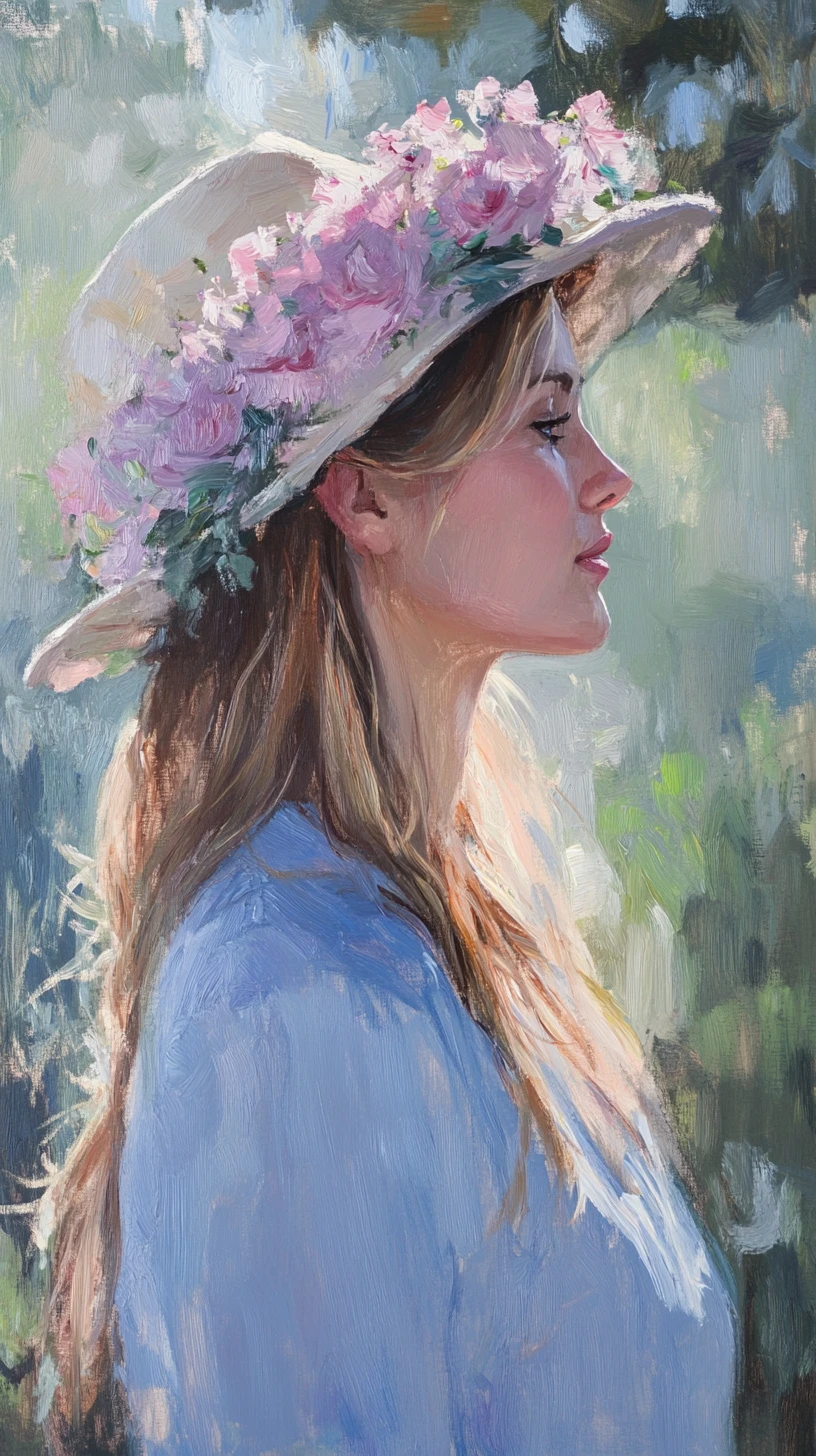 Impressionist profile portrait of a girl in a flower hat
