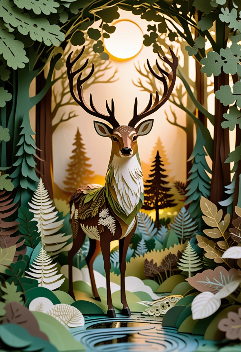 Majestic deer in layered paper forest diorama scene