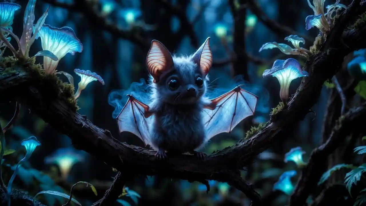 Dolce pipistrello su ramo luminoso in una foresta incantata