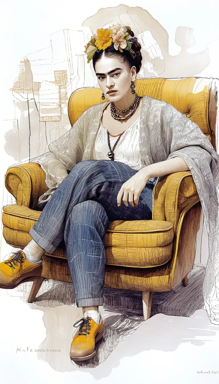 Frida inspired woman in ink portrait on lounge chair