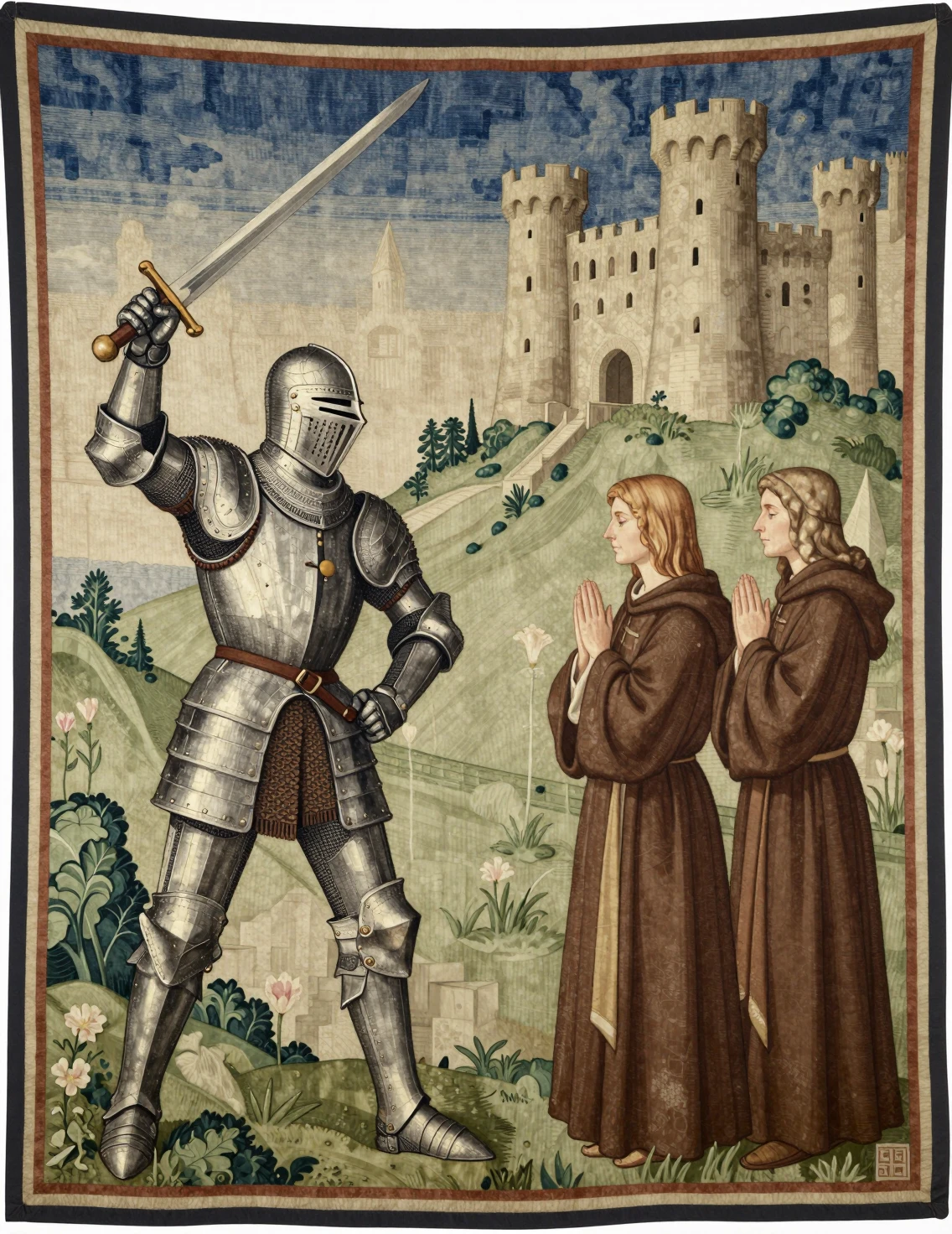 Medieval tapestry of a knight raising his sword in armor
