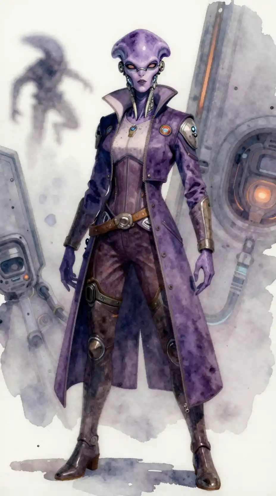 Violet alien warrior woman in elegant futuristic fashion