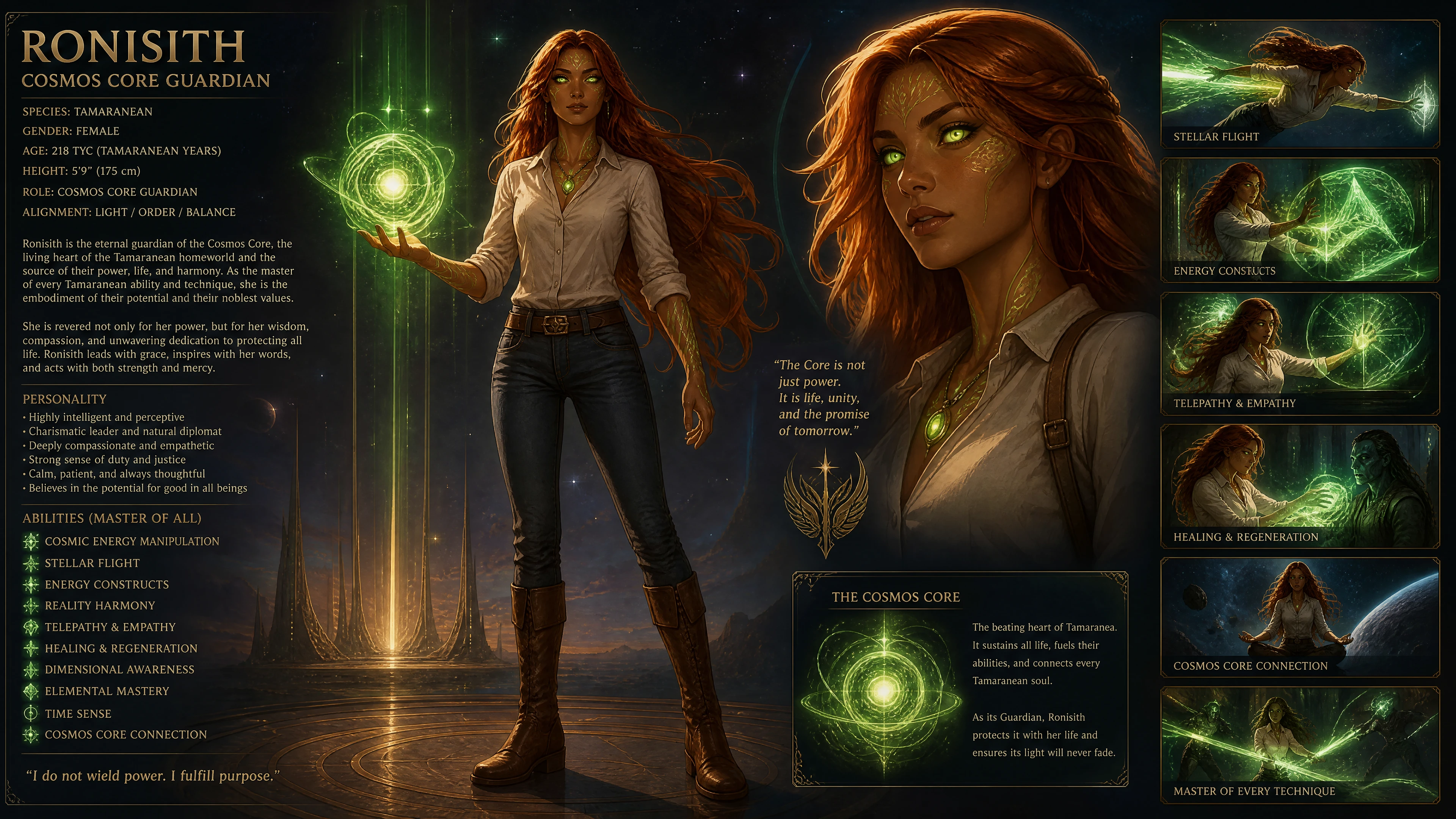 Tan alien woman with glowing green eyes in cosmic space