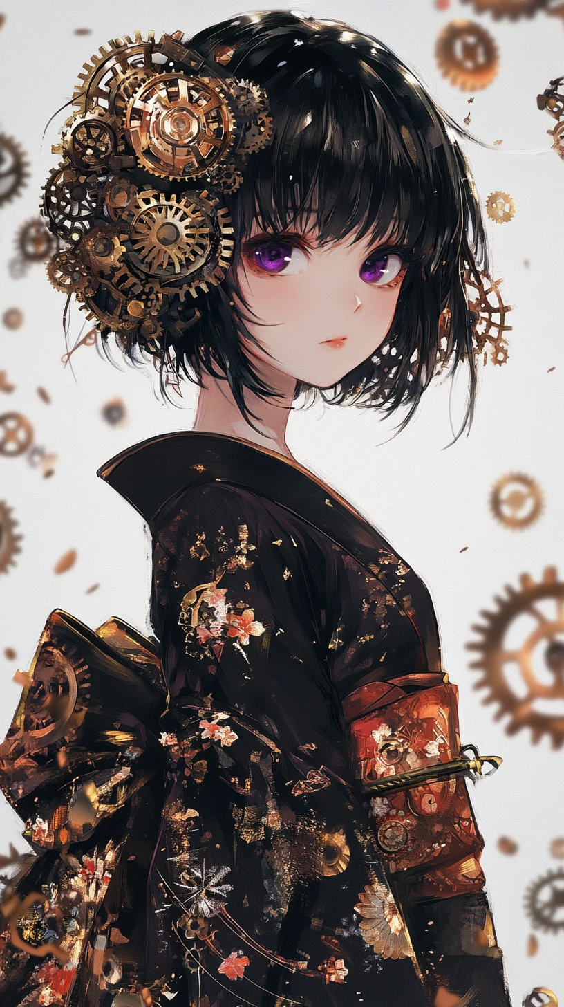 Garota de anime steampunk de quimono entre engrenagens flutuantes