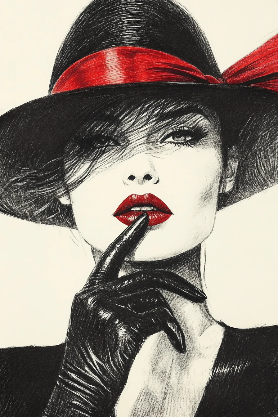 Woman in bowler hat with red glove covering one eye