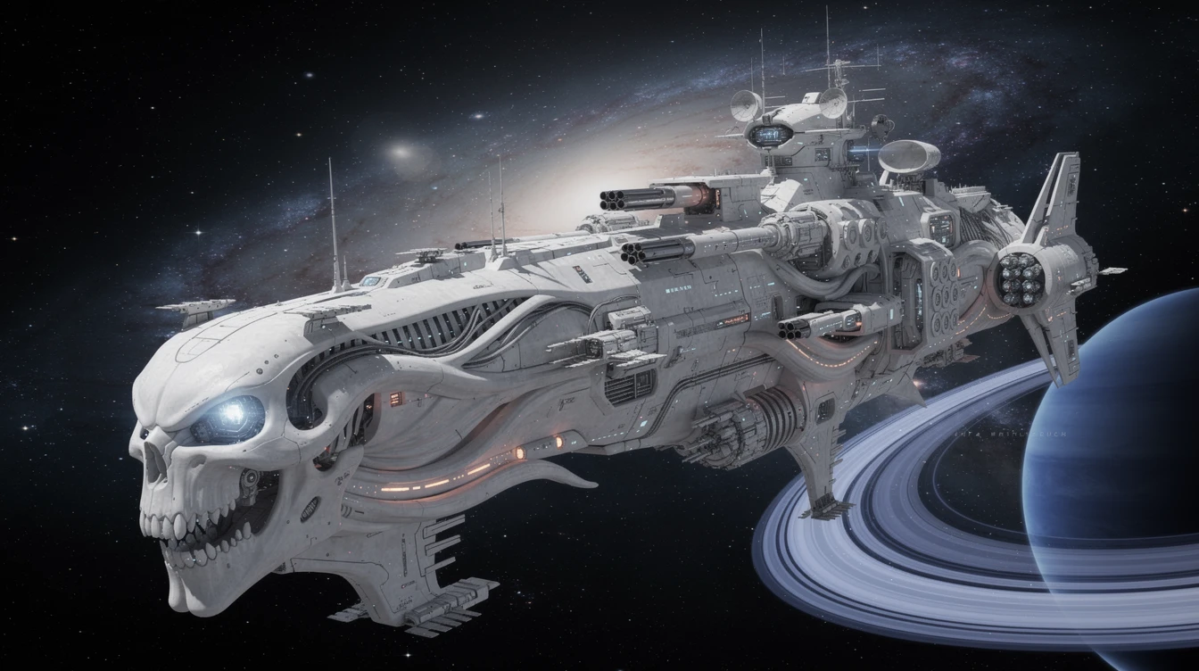 Colossal alien warship cruising through deep outer space