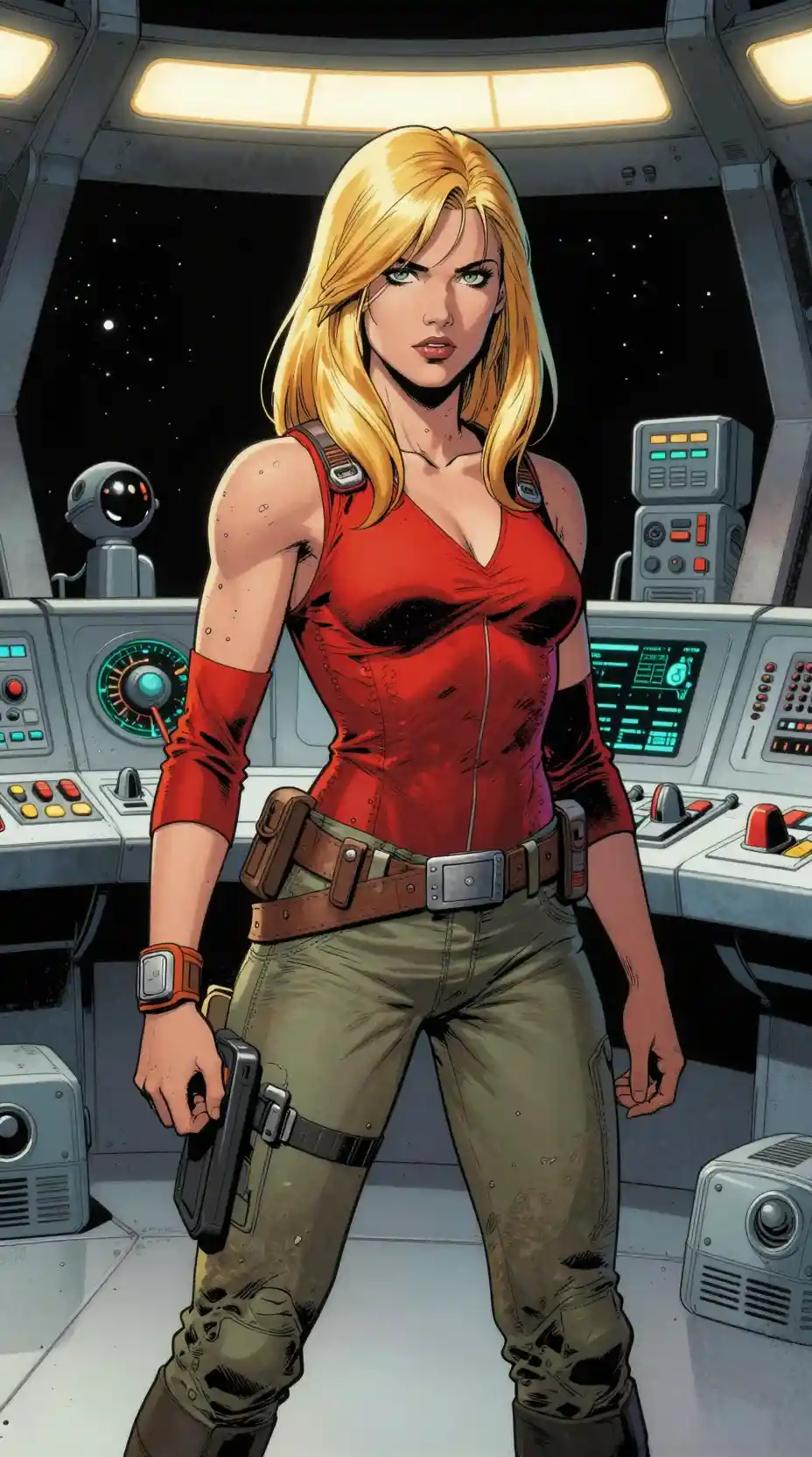 Tough blonde space heroine in a bright control room