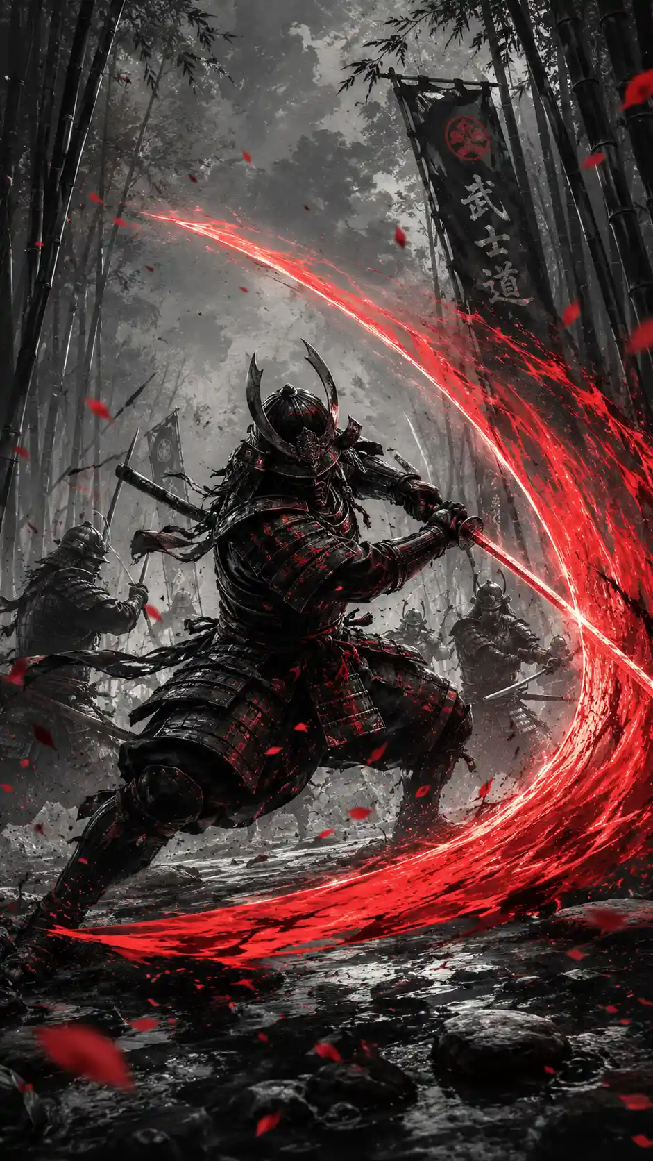 Samurai warrior unleashing crimson energy in bamboo forest