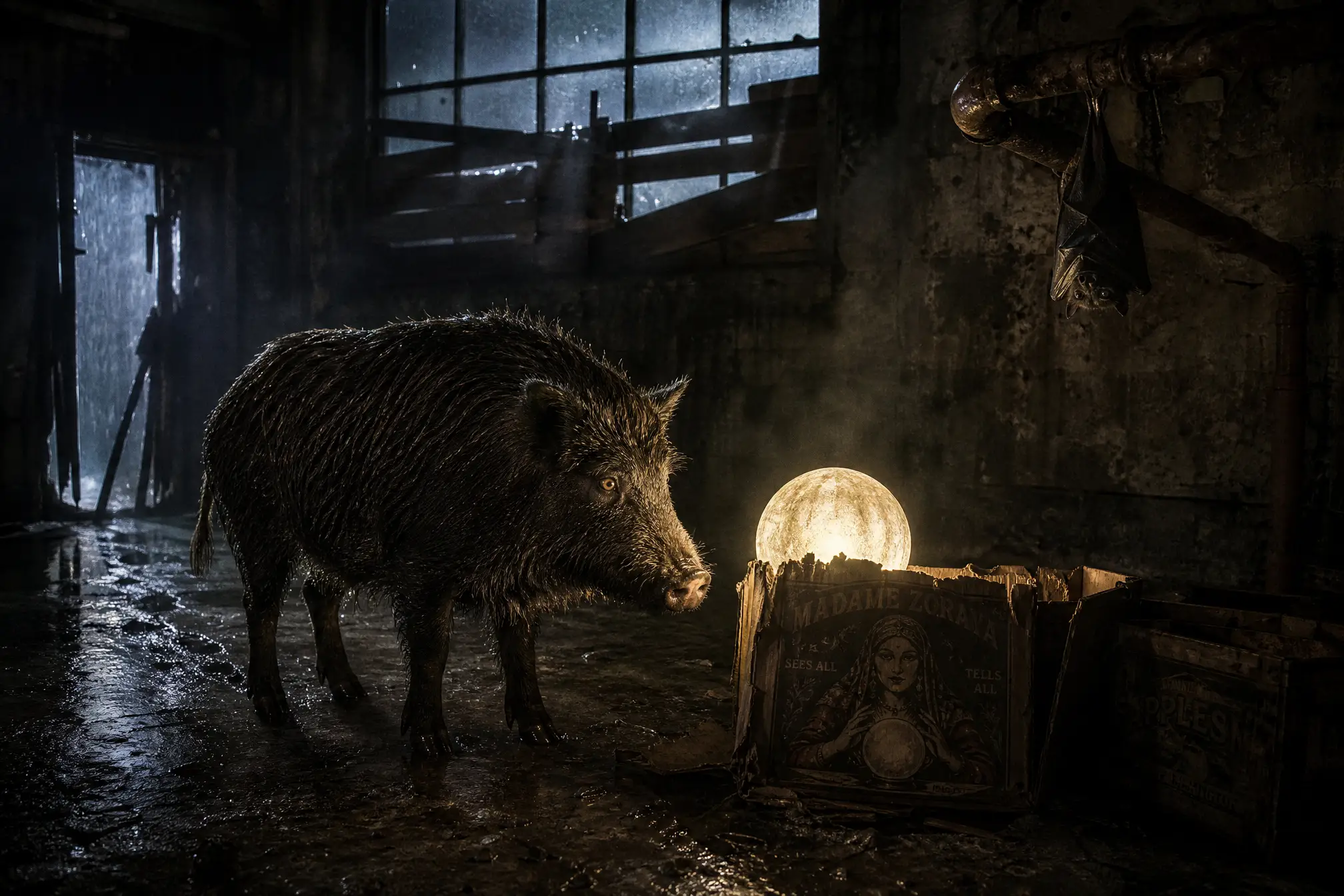 Wild boar staring at glowing orb in dark warehouse