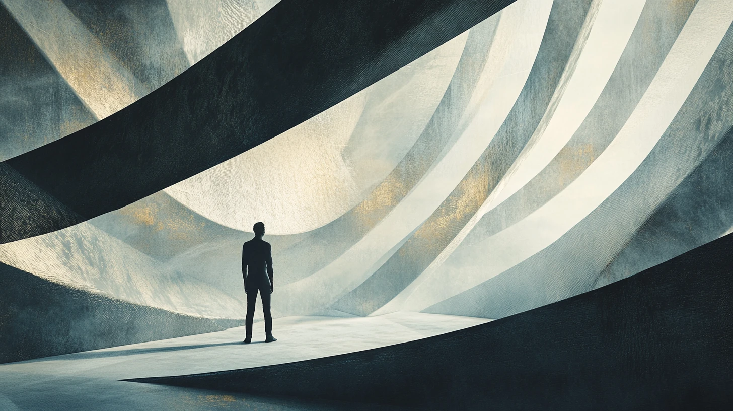 Human figure between abstract paths of logic and instinct