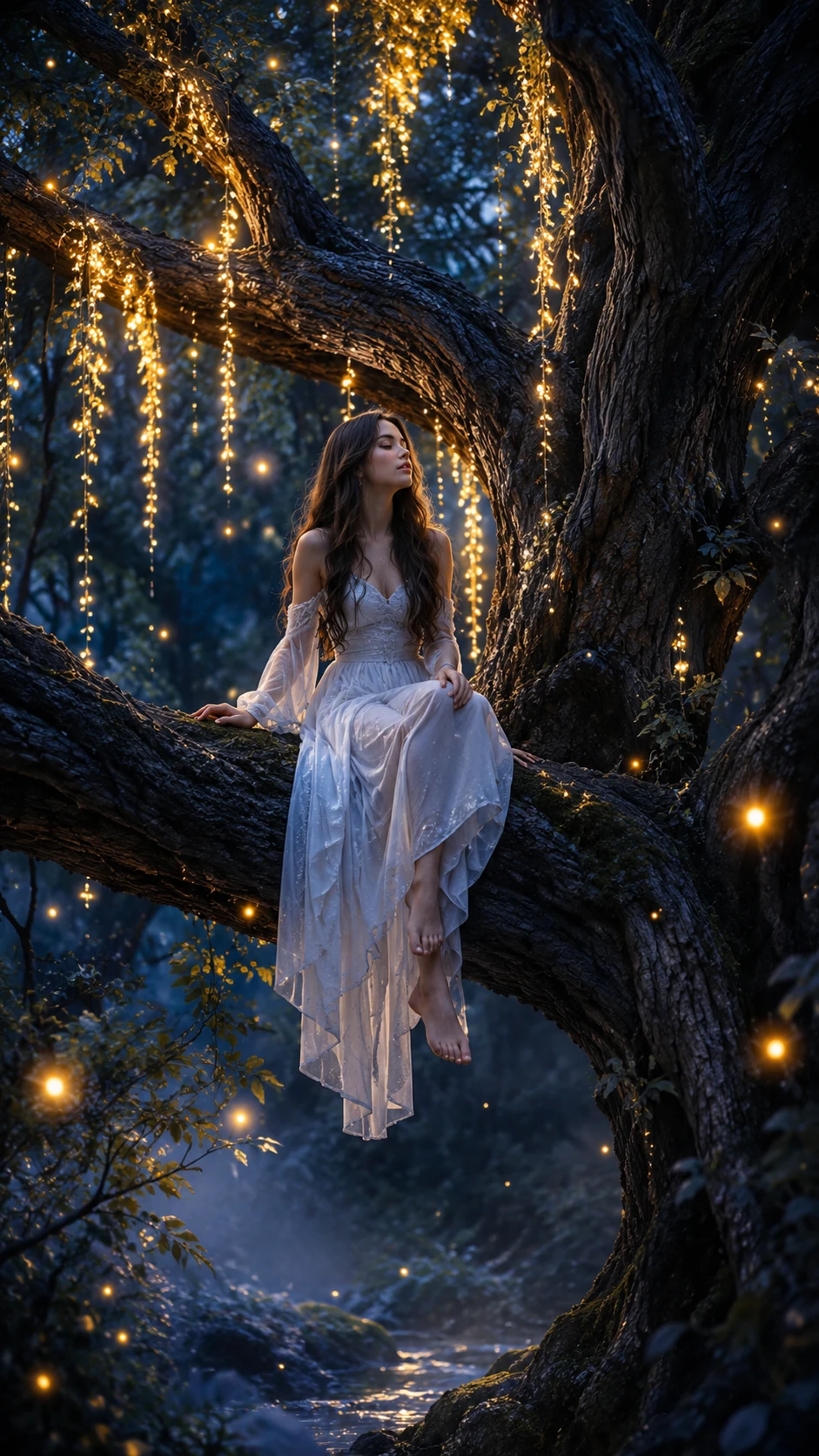 Young woman resting on a tree in an enchanted forest