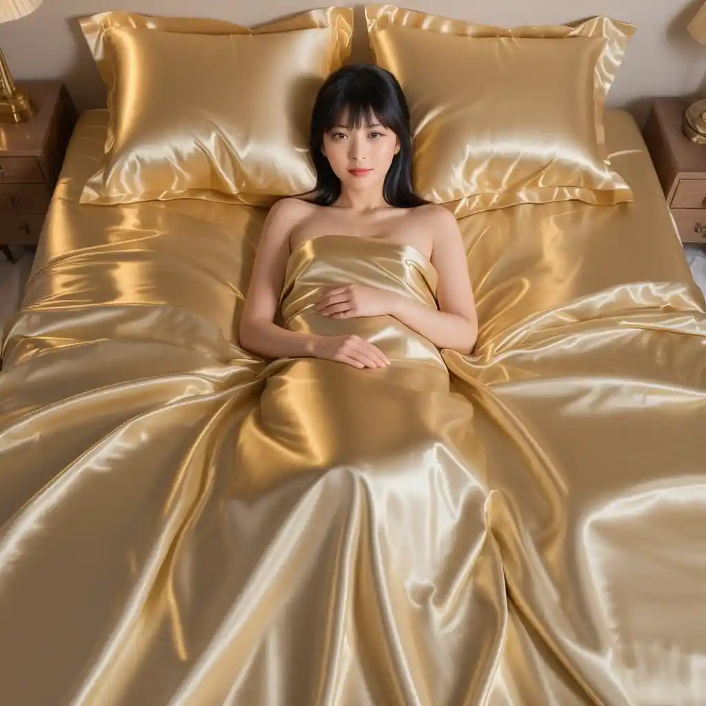 Japanese woman lying on luxurious satin bed sheets