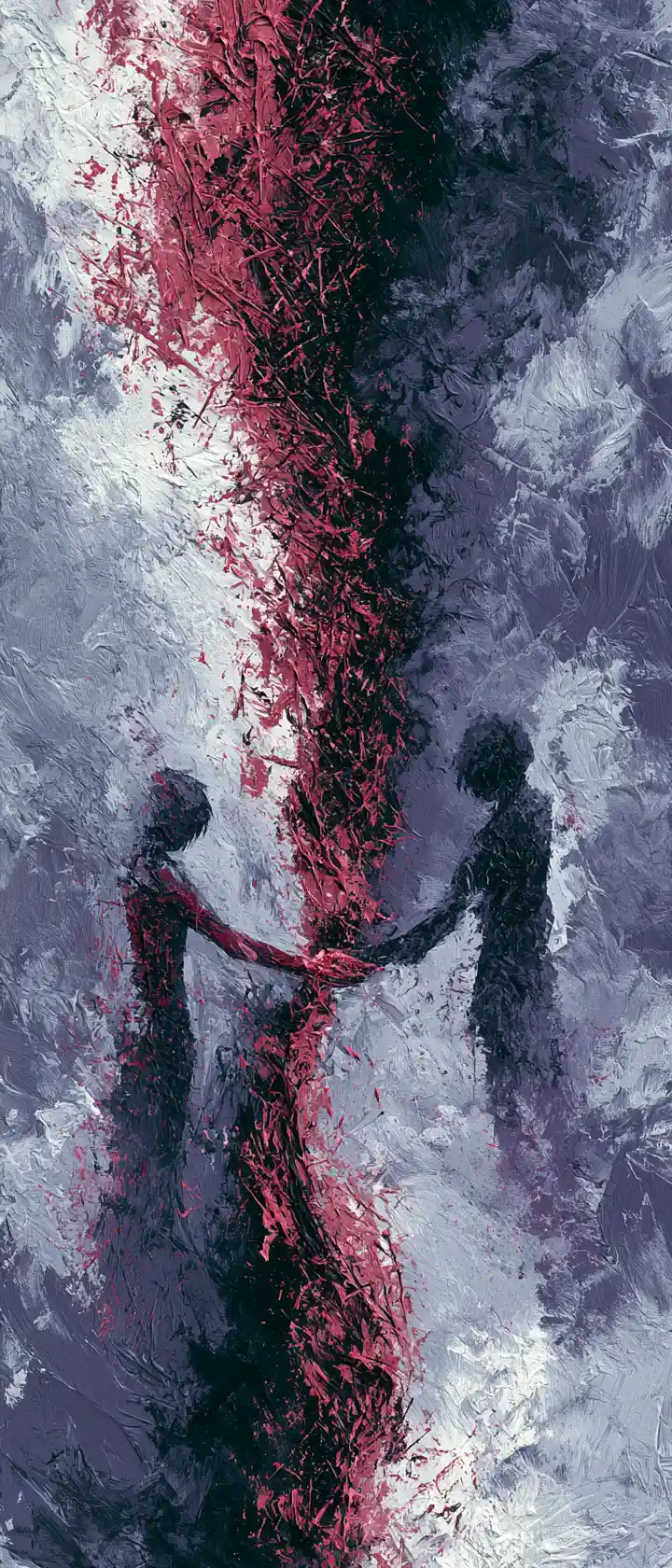 Two figures divided by a violent abstract painted fissure