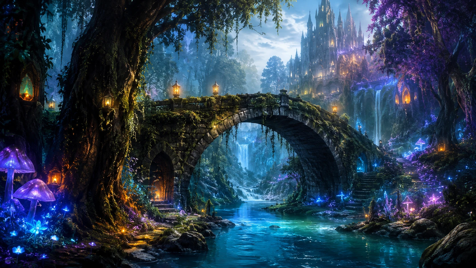 Ancient stone bridge above a mystical glowing forest river