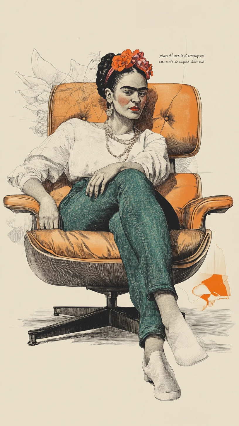 Frida inspired woman in ink sketch on lounge chair