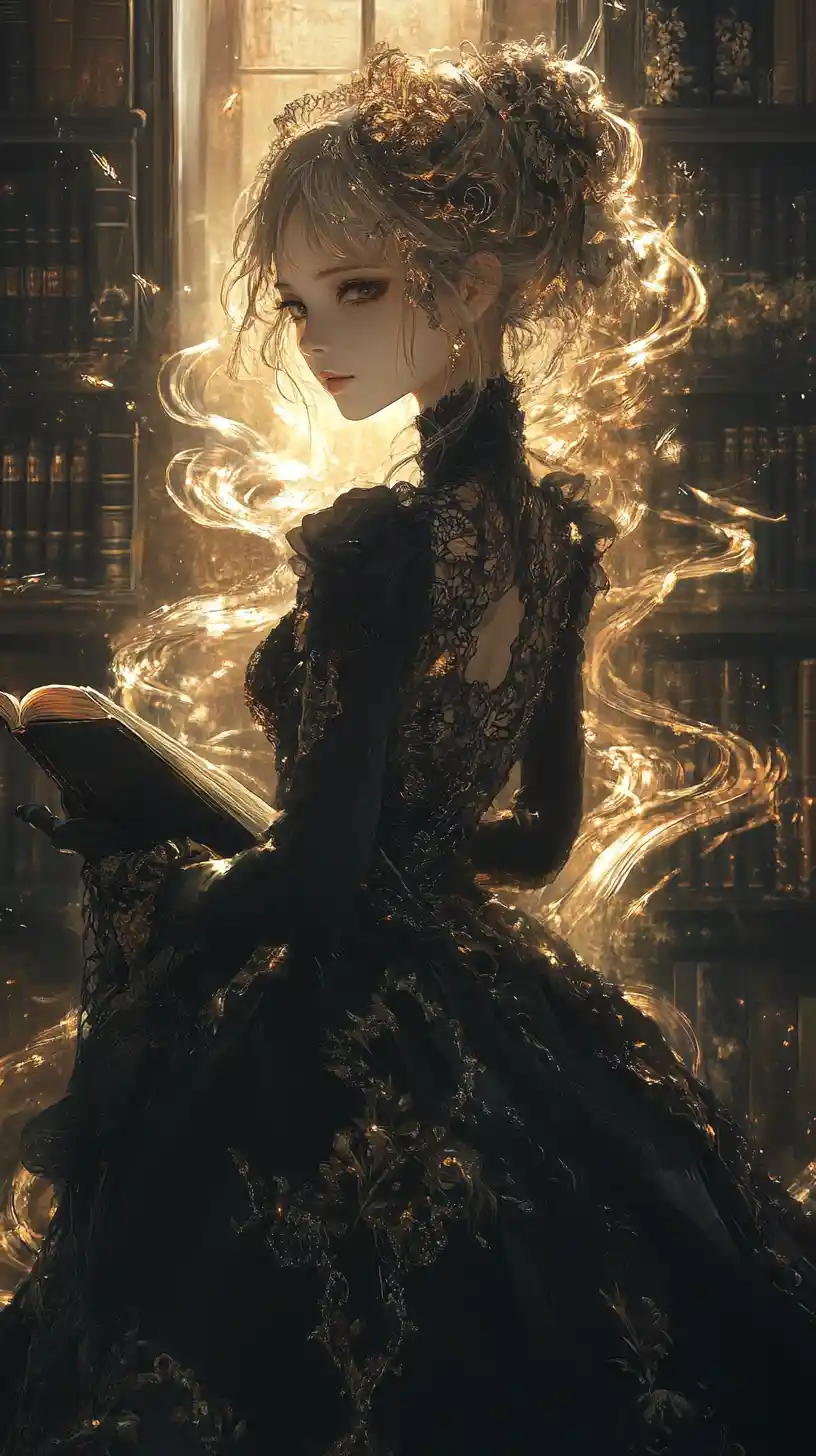 Surreal girl in dark finery amid glowing ink filled library