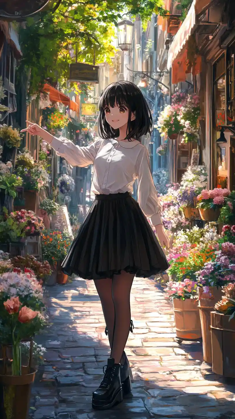 Anime girl in a sunlit European flower shop alley