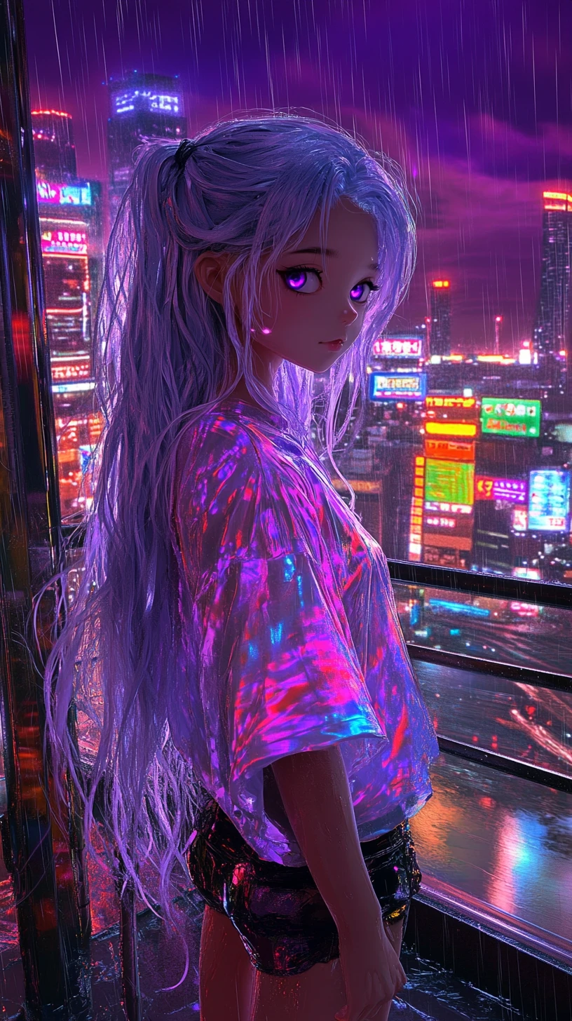 Ragazza anime su tetto sotto la pioggia sopra città futuristica al neon