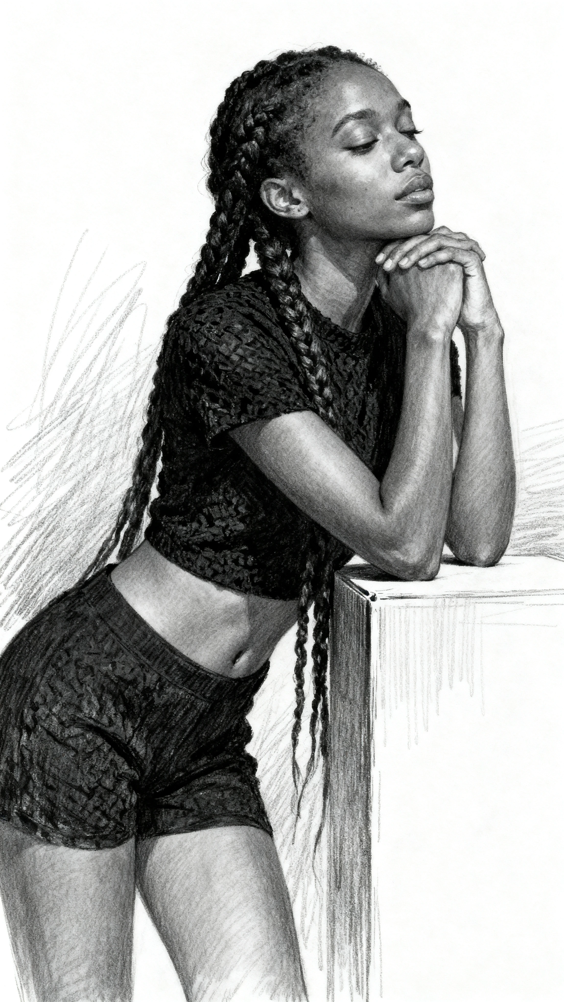 Graphite drawing of a black woman in a quiet three quarter pose