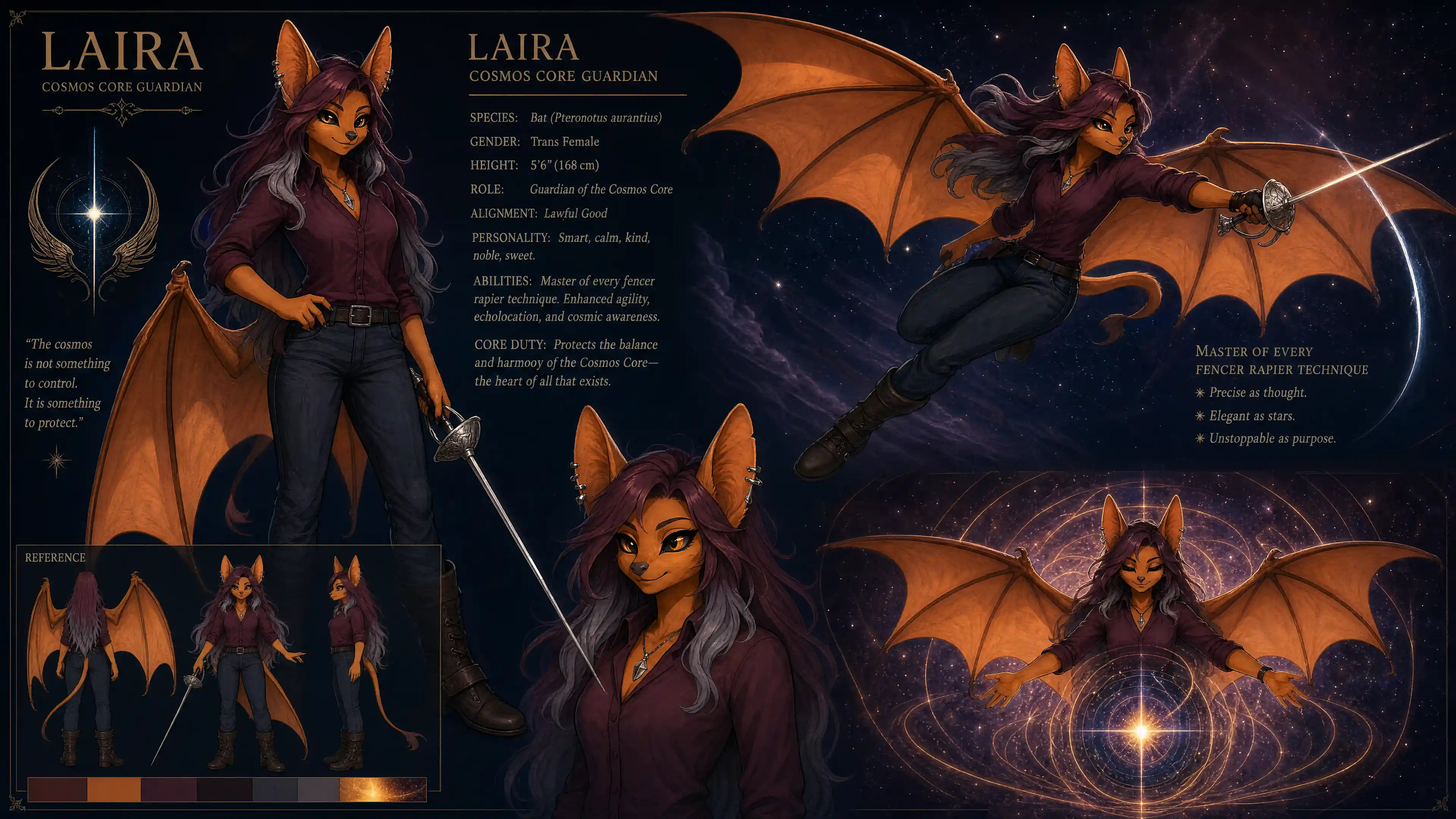 Winged anthro bat guardian with rapier fencing mastery